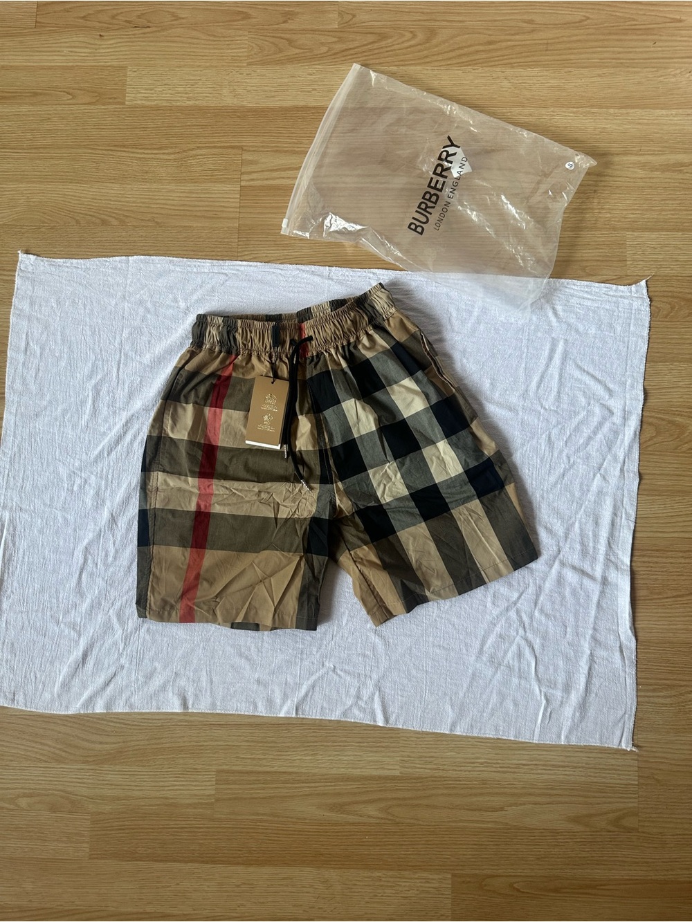 Burberry Khaki Check Elastic-Waist Shorts with Red Stripe